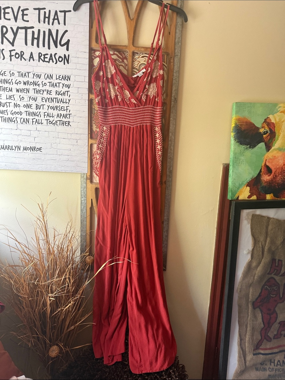 American Eagle Red Embroidered Feather-Print Top Jumpsuit